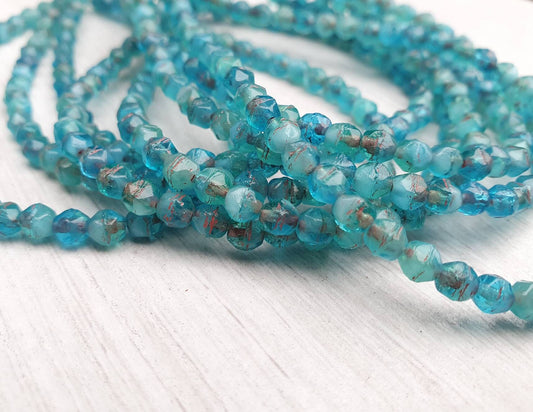 4mm Medium Sky Blue with a Coral Wash | English Cut Beads | Full Strand of 50 Beads