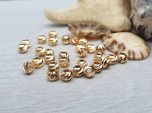 4mm Gold Plated Laser Cut Corrugated Beads | Spacer Beads | 30Pcs