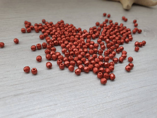 3mm Metallic Lava Red | Czech Glass Firepolish Beads | Metallic Beads | 50 Pcs