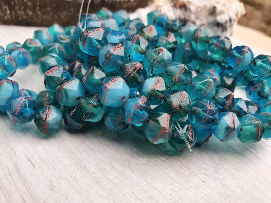 8mm Teal Blue with Red Wash | English Cut Beads | Full Strand of 20 Beads