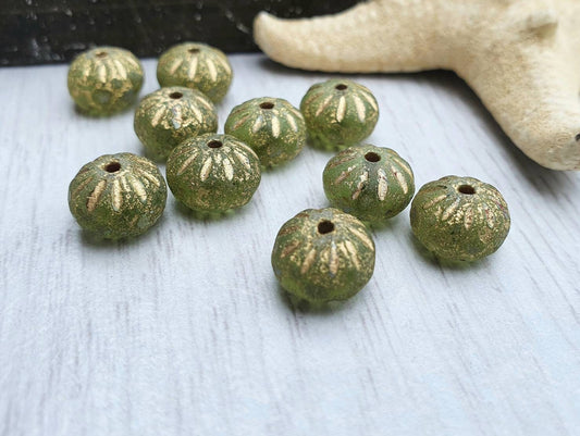 7 x 10mm Etched Peridot with Gold Wash Cruller Beads | Etched Finish | 10 Beads