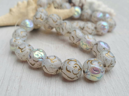 10mm Opal with AB Finishe and a Gold Wash | Round Rose Beads | Full Strand of 15 Beads