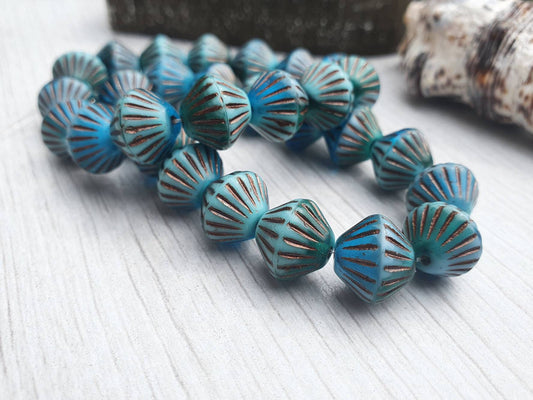 11mm Emerald and Teal with a Metallic Brown Wash Tribal Bicone Beads | Full Strand of 15 Beads