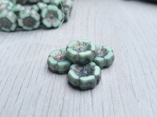 12mm Hibiscus Flower Beads in Blue Green With a Purple Grey metallic Finish | 4 Beads