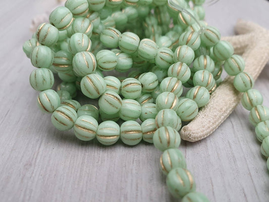 5mm Mint with Gold Wash | Melon Beads | Full Strand of 25 Beads