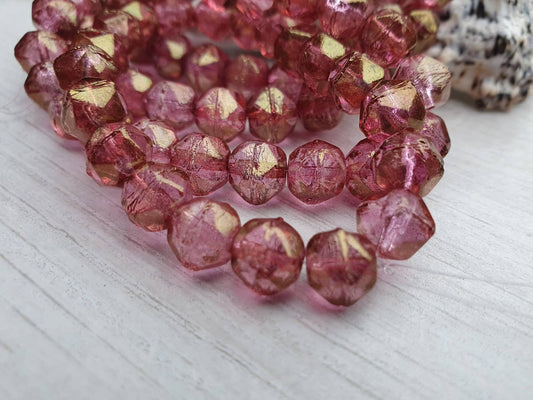 8mm Medium Pink With Golden Luster | English Cut Beads | Full Strand of 20 Beads