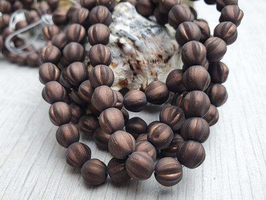 6mm Matt Brown with Copper Wash | Melon Beads | Full Strand of 25 Beads
