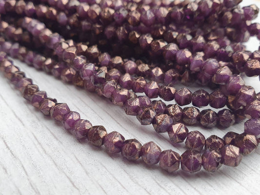 4mm Purple Pansy with a Bronze Finish | English Cut Beads | Full Strand of 50 Beads