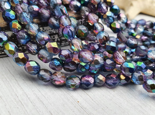 6mm Magic Blueberry Etched | Czech Glass Fire Polish Beads | Metallic Beads | 25 Pcs