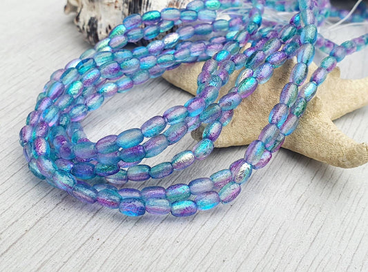 4 x 6mm Aqua Celestial Etched Rice Beads | Full Strand of 50 Beads