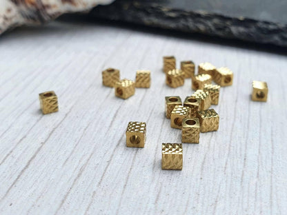 3mm Raw Brass Laser Patterned Cube Beads | Square Brass Beads | 20 Pcs