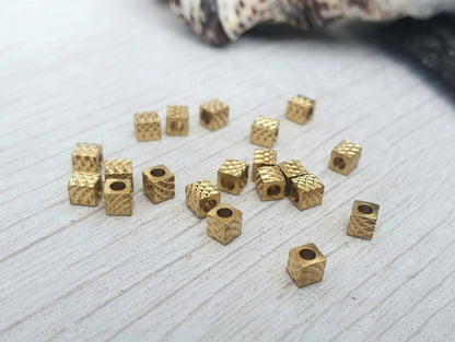 3mm Raw Brass Laser Patterned Cube Beads | Square Brass Beads | 20 Pcs