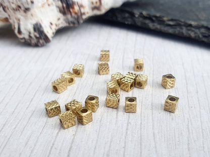 3mm Raw Brass Laser Patterned Cube Beads | Square Brass Beads | 20 Pcs