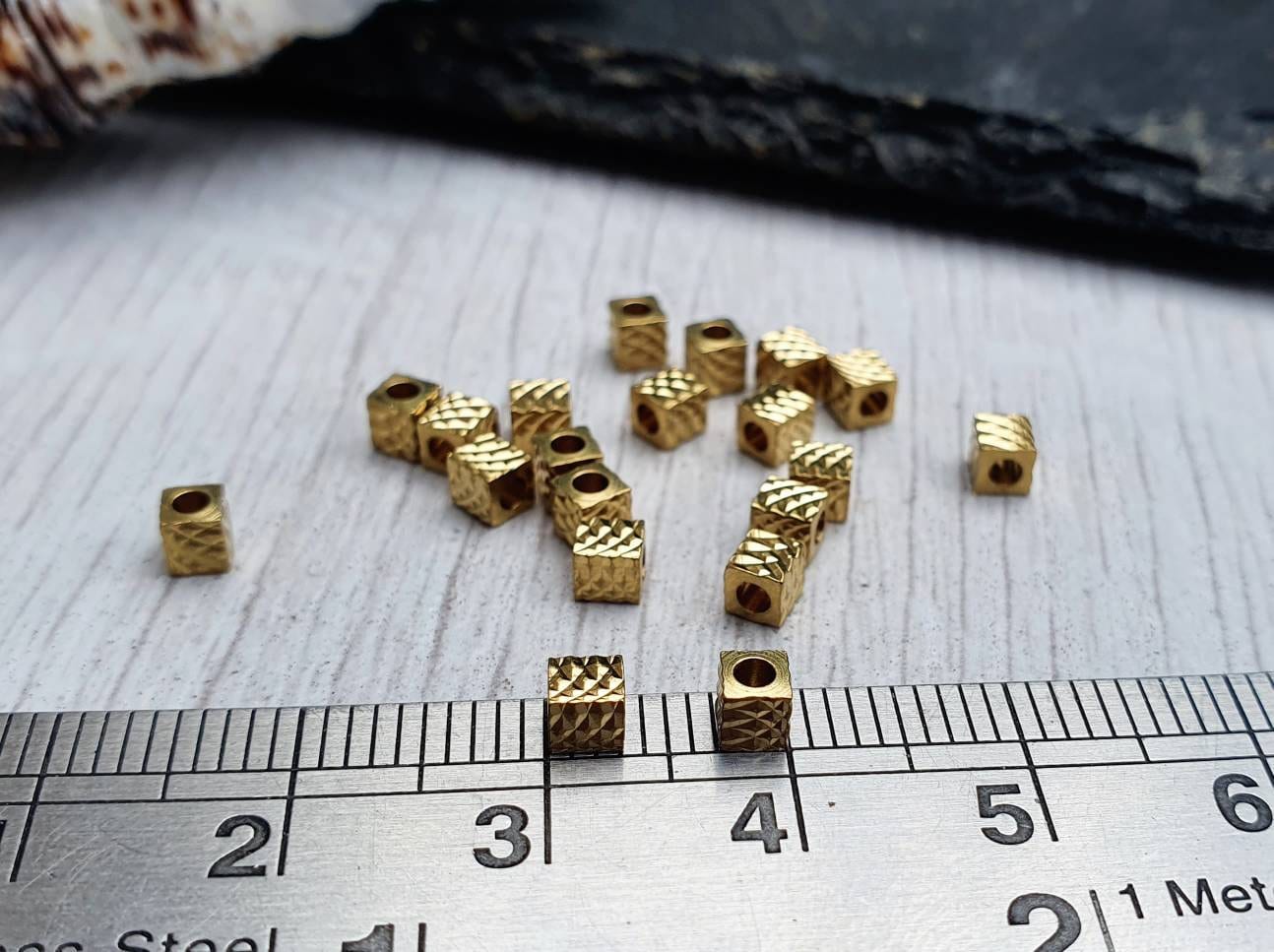 3mm Raw Brass Laser Patterned Cube Beads | Square Brass Beads | 20 Pcs