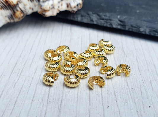 18K Gold Plated 4mm Corrugated Crimp Bead Covers | 20 Pcs