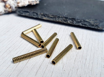 22 x 3mm Raw Brass Ribbed Hexagon Tube Beads | Tubular Spacer Beads | 8 Pcs