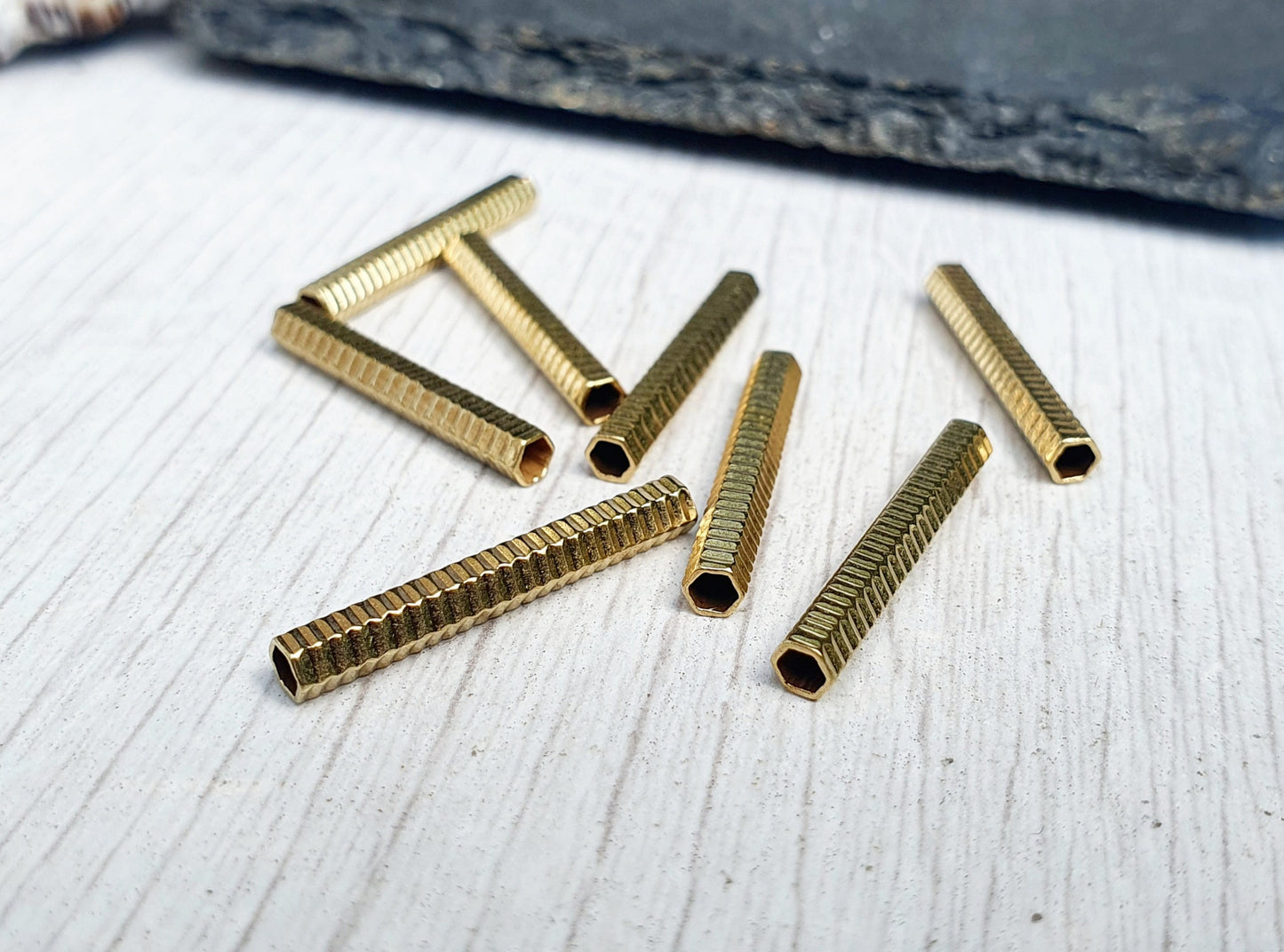 22 x 3mm Raw Brass Ribbed Hexagon Tube Beads | Tubular Spacer Beads | 8 Pcs