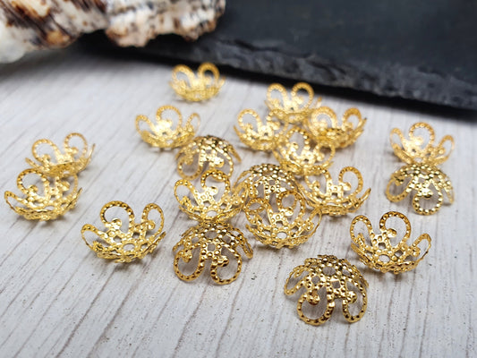 20pcs of 10mm Gold Plated Filigree Bead Caps | Flower Embellishments