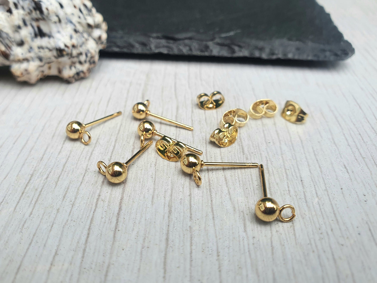 4mm Gold Plated Stainless Steel Ball Studs with Loops | 3 Pairs