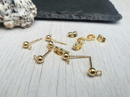 4mm Gold Plated Stainless Steel Ball Studs with Loops | 3 Pairs
