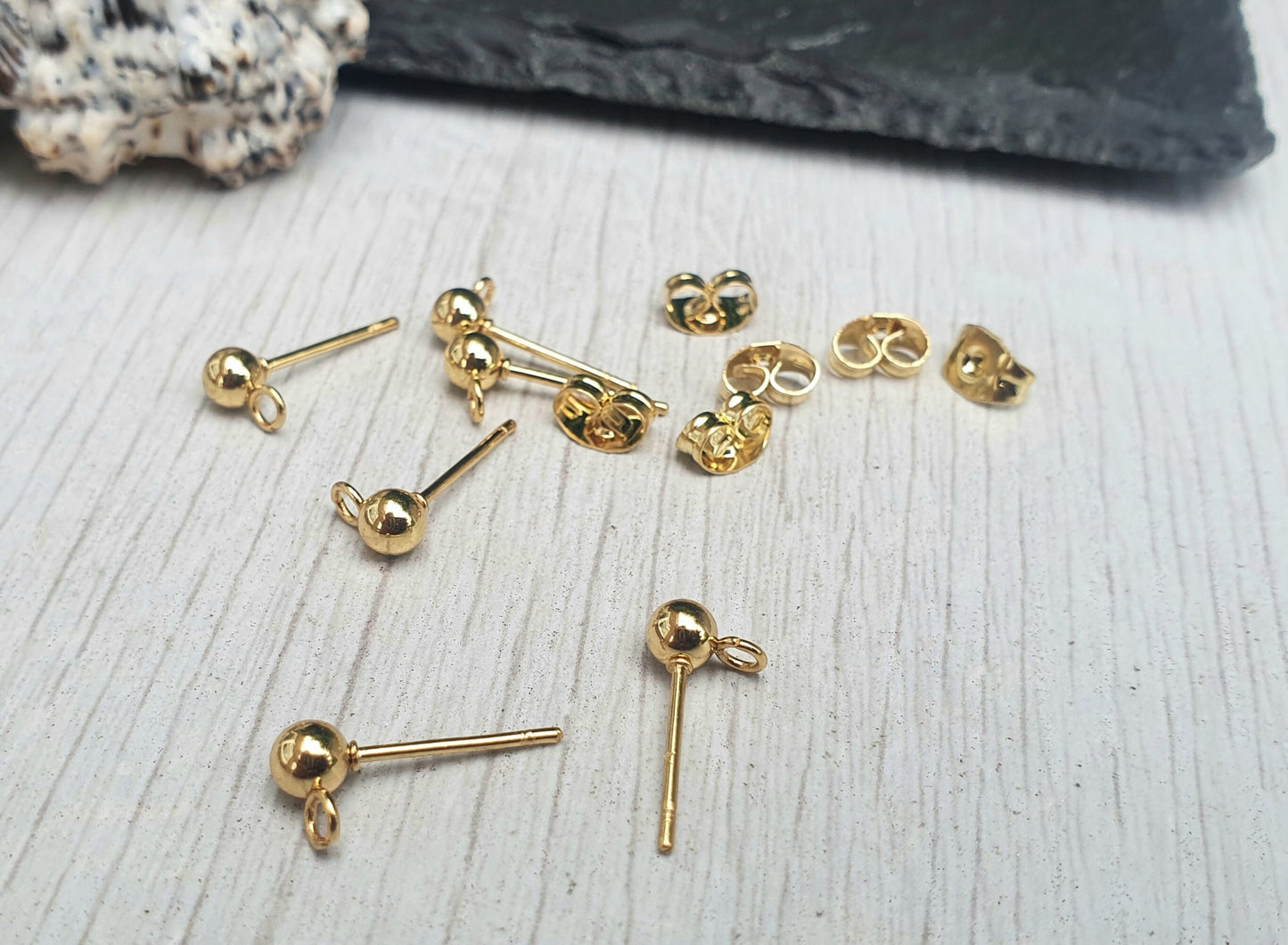 4mm Gold Plated Stainless Steel Ball Studs with Loops | 3 Pairs