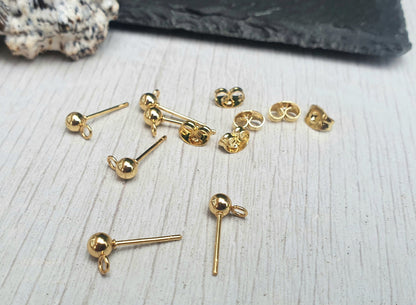 4mm Gold Plated Stainless Steel Ball Studs with Loops | 3 Pairs