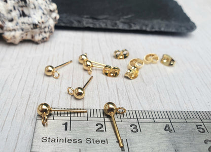 4mm Gold Plated Stainless Steel Ball Studs with Loops | 3 Pairs