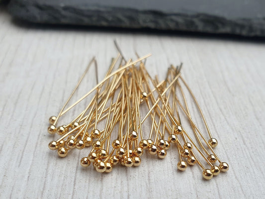 24g 18K Gold Plated Ball Head Pins | 35mm Head Pins | 50 Pieces
