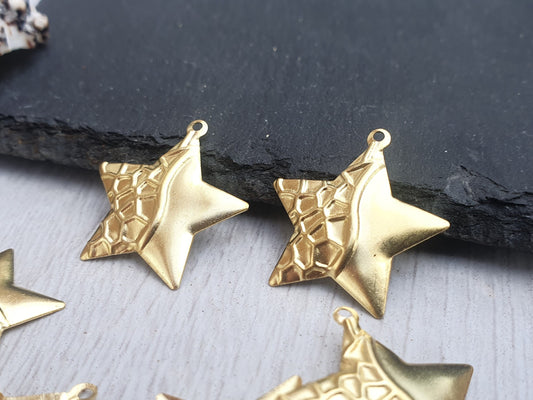 20 x 21mm Raw Brass Textured Star Pendants | 10 Pcs