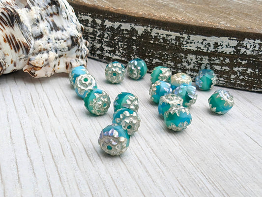 6mm Sea Green and Sky Blue with a Silver Finish | Cathedral Beads | 10 Beads