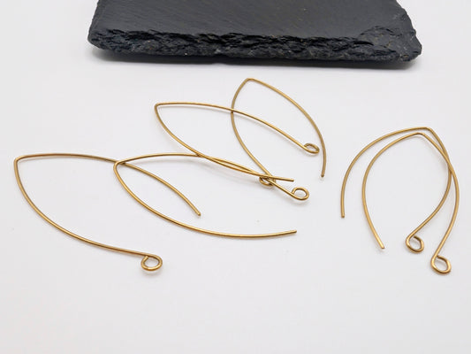 42 x 21mm Raw Brass Marquise Ear Wires | Elongated Earring Wires | 3 Pairs