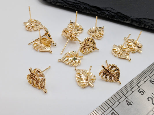 1 Pair (2Pcs) of Monstera Leaf Stud Earrings | 18K Gold Plated Brass Studs | 14.5 x 10.5mm