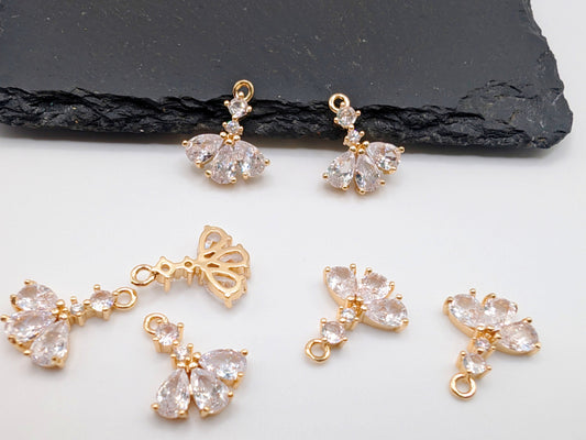 2 x Gold Plated Cubic Zirconia Floral Drop Charms | 16 x 13mm | CZ Drop Charms