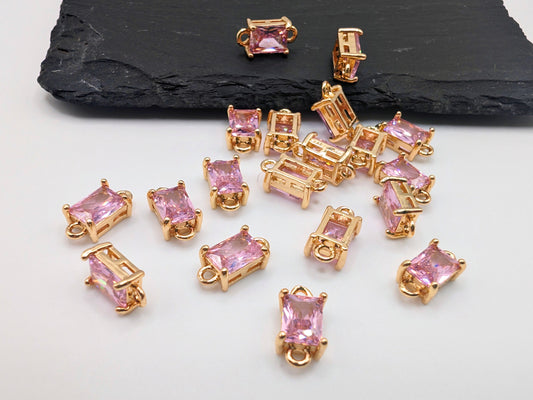 4 x Facetted Glass Pink Rectangle Connectors With Gold Plated Framing | 12 x 5mm
