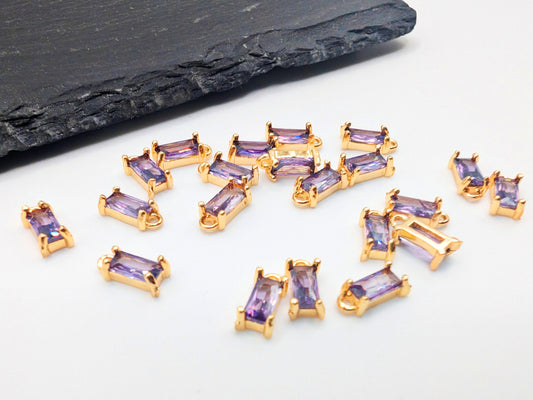 9 x 4mm Tiny Purple Baguette Cut Glass Charm With Gold Plated Brass Framing | 4 Pcs
