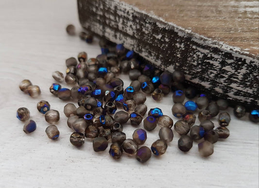 4mm Azuro Full Crystal Etched | Czech Glass Firepolish Beads | Metallic Beads | 50 Pcs