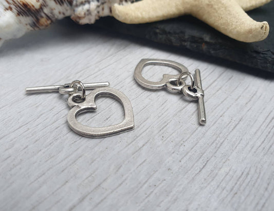 Matte Silver Plated Large Heart Toggle Clasp | 2 Sets