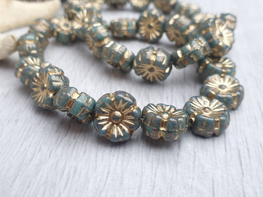 9mm Hibiscus Flower Beads in Teal with a Gold Finish | Full Strand of 16 Beads