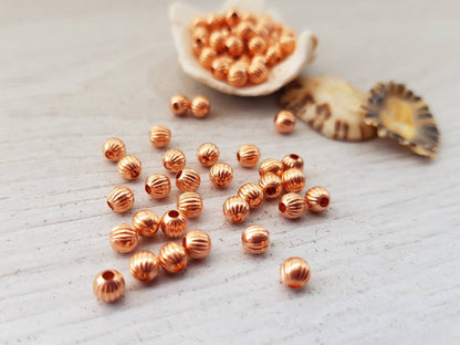 50 Pcs of 4mm Copper Melon Beads | Genuine Copper Corrugated Beads