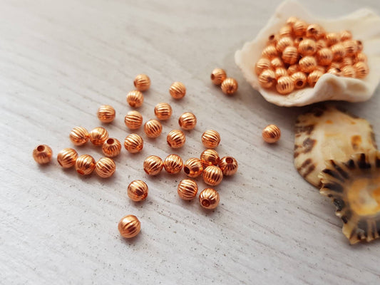 50 Pcs of 4mm Copper Melon Beads | Genuine Copper Corrugated Beads