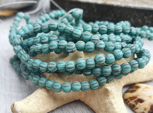 3mm Matte Sea Green with a Brown Wash | Melon Beads | Full Strand of 50 Beads