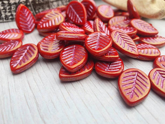 12 x 16mm Red with Golden Luster and Metallic Pink Wash | Dogwood Leaves | Full Strand of 15 Beads