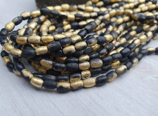 4 x 6mm Black Gold Etched Rice Beads | Full Strand of 50 Beads