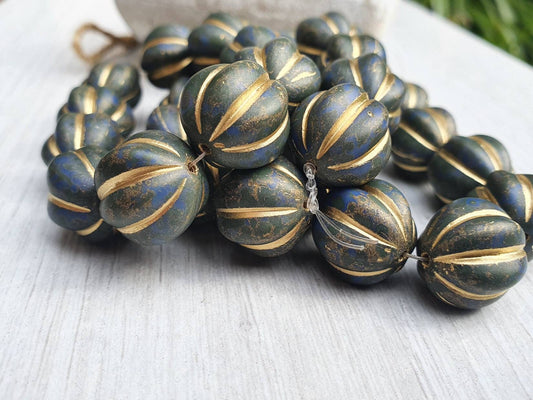 14mm Melon Bead in Dark Army Green with Picasso and Etched Finish and a Gold Wash | 4 or 10 Beads