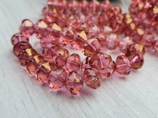 6 x 9mm Saucer Beads in Medium Pink With Gold Luster Finish | Full Strand of 15 Beads