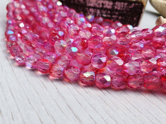 6mm Pink Celestial Etched | Czech Glass Fire Polish Beads | Metallic Beads | 25 Pcs
