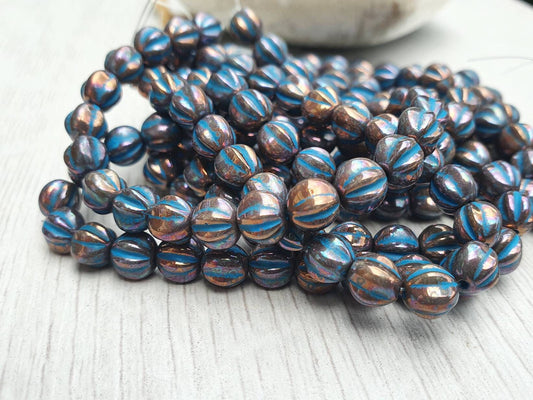 6mm Metallic Bronze with a Turquoise Wash | Melon Beads | Full Strand of 25 Beads