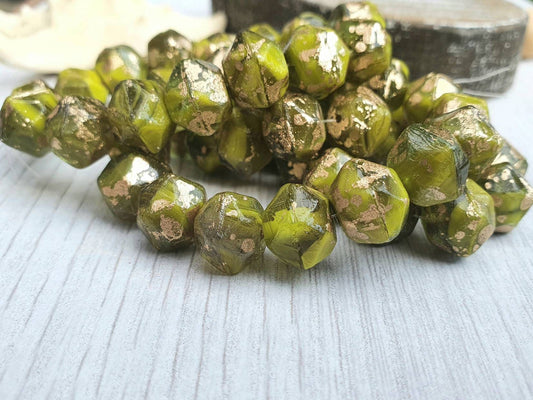 10mm Avocado with Gold Finish | English Cut Beads | Full Strand of 15 Beads