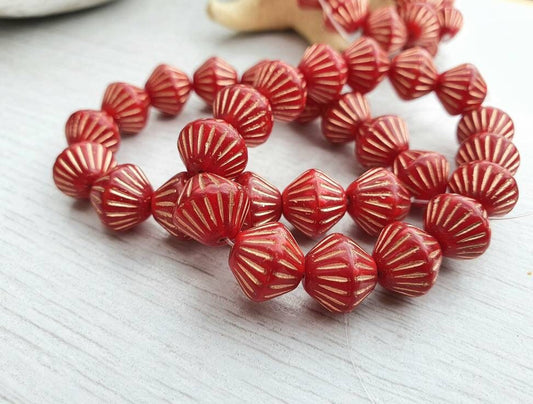 11mm Ladybug Red with Copper Wash Tribal Bicone Beads | Full Strand of 15 Beads