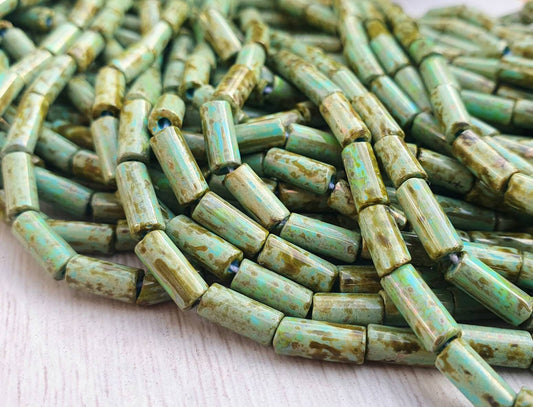 9 x 4mm Aged Green Picasso Bugle Beads | Full Strand of 50